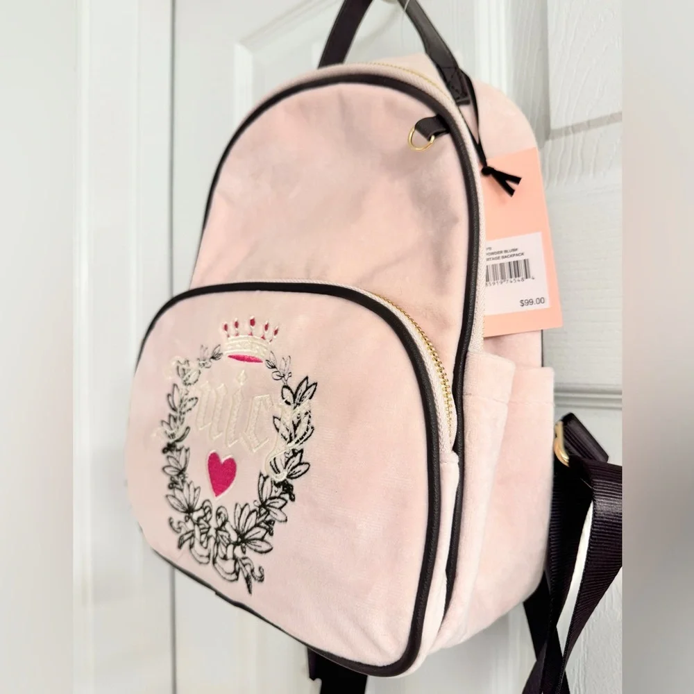NWT Juicy Couture Mini Pink Velvet Backpack with Black Straps - Picture 2 of 12